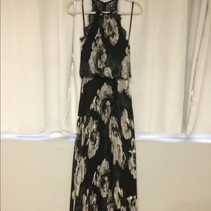 Avery G Black Floral Pleated Gown w/ Lace back